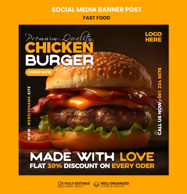 PSD fast food social media banner post template Burger social media banner post template