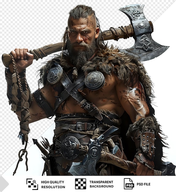 psd fierce barbarian wielding a massive axe accompanied by a man with a long gray beard and a black and brown belt with a hand visible in the foreground