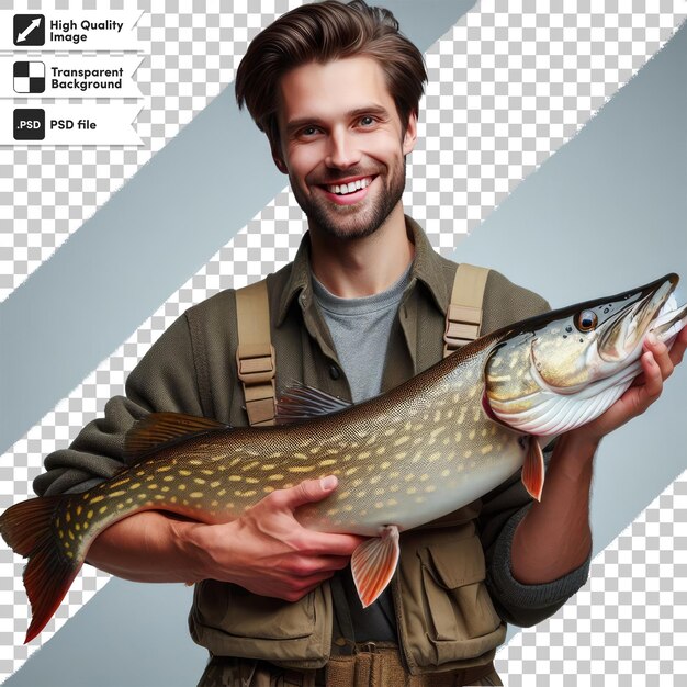 PSD fisherman with a fish on transparent background with editable mask layer