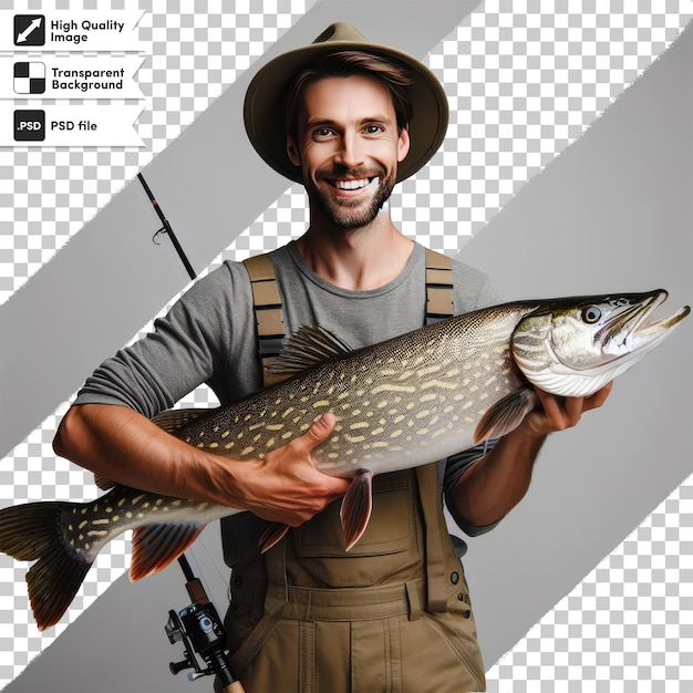 PSD fisherman with a fish on transparent background with editable mask layer