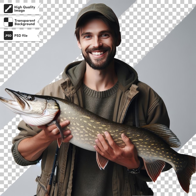 PSD fisherman with a fish on transparent background with editable mask layer