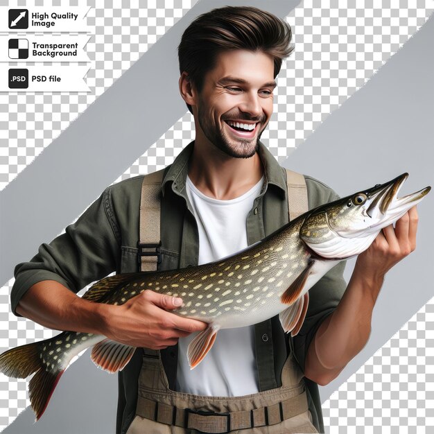 PSD fisherman with a fish on transparent background with editable mask layer