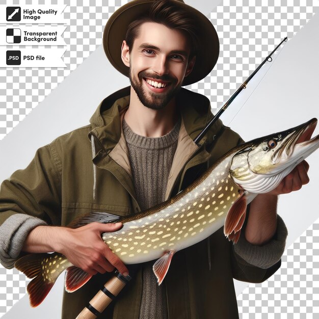 PSD fisherman with a fish on transparent background with editable mask layer