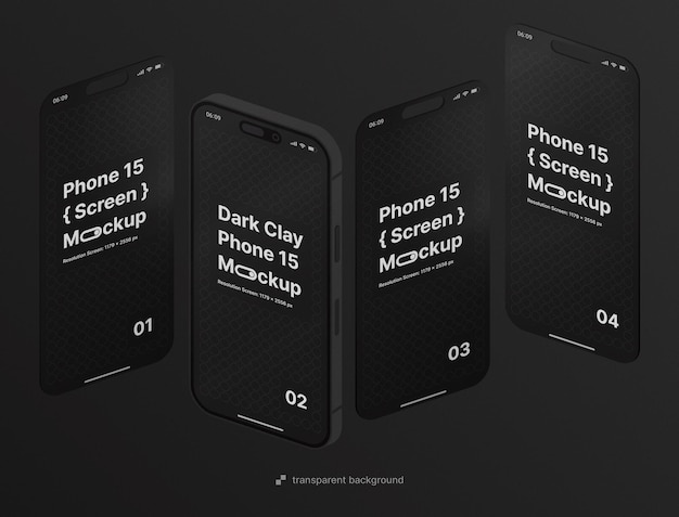 PSD Floating Isometric Clay Dark Phone Multiscreen Mockup with editable background