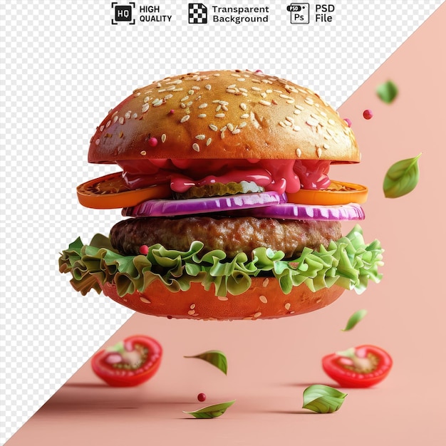 psd flying burger mockup with bread and vegetables on pink background png