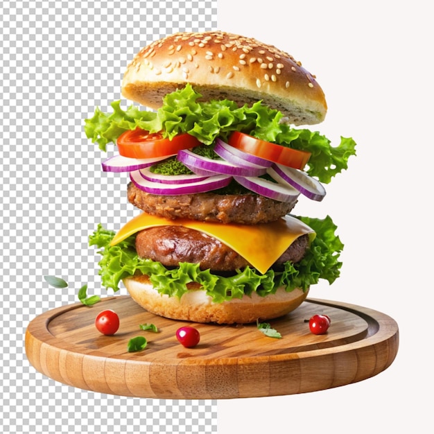 PSD psd of a flying ingredient hamburger on wooden board isolated on transparent background