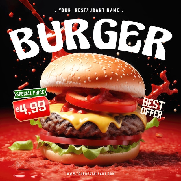 Psd food burger concept square flyer or social media post design