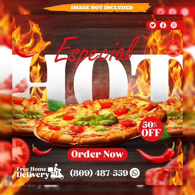 PSD food menu and especial delicious pizza social media flyer template