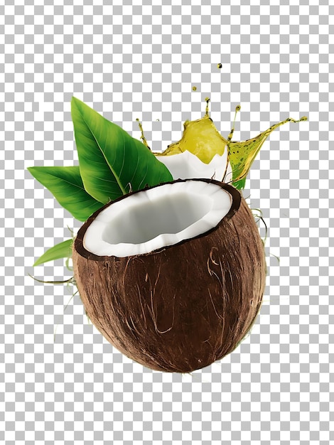 PSD psd fresh coconut with leaves and juice splash isolated on alpha layer premium psd