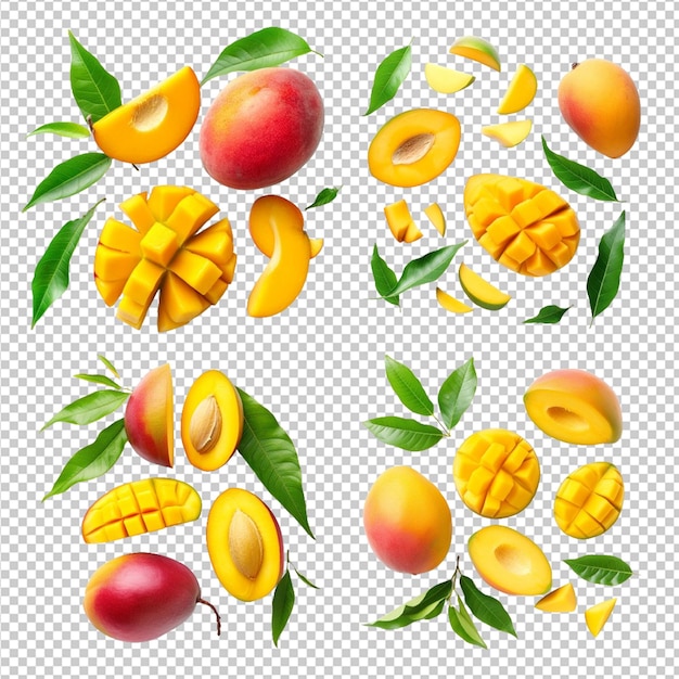 PSD fresh mango fruit set with slice isolated on transparent background