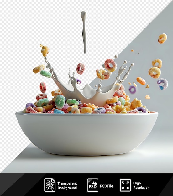 psd fruit cereal and pouring milk loops colorful in bowl png