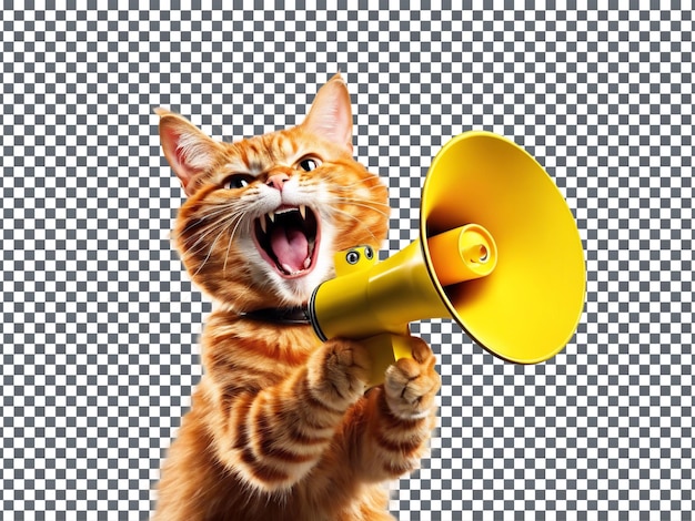 PSD Funny Red Cat holds A Yellow Loudspeaker isolated on Transparent background