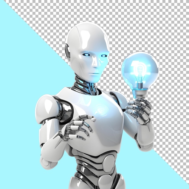 PSD Futuristic Robot Holding a Glowing Bulb for Idea Concept and Technology Growth