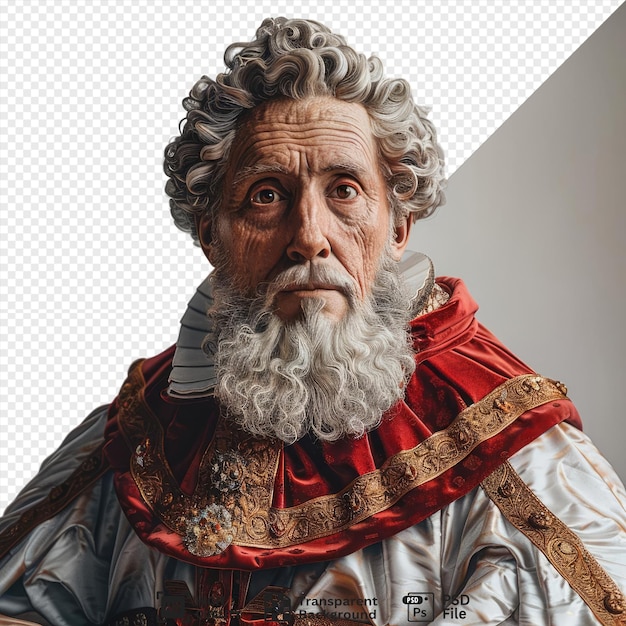 PSD psd gerbert of aurillac pope sylvester ii with a gray beard and curly gray hair stands in front of a white wall wearing a red robe and gold belt