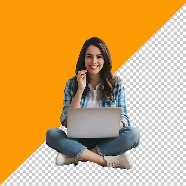 PSD psd girl sits on the floor and talks on a laptop with transparent background