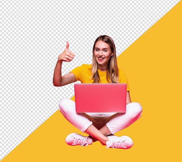 PSD psd a girl with a laptop that says thumbs up on it with transparent background