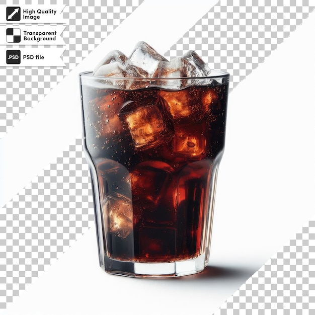 PSD glass of cola with ice on transparent background