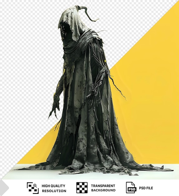 PSD psd gloom lich statue in a black dress with a head on a yellow background