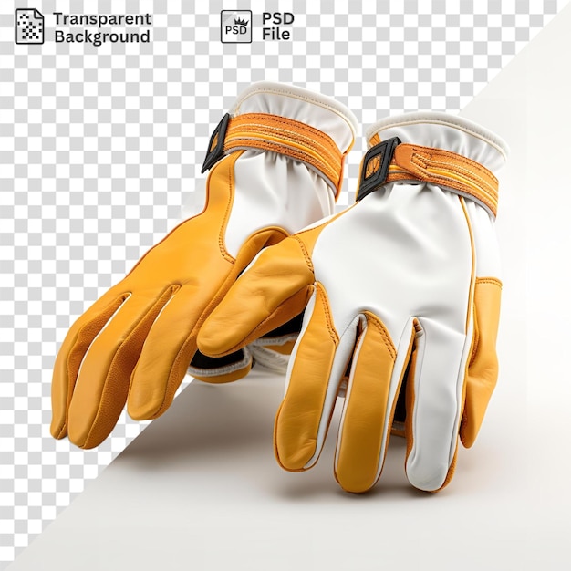 psd gloves in yellow and white white and yellow and white colors are arranged on a isolated background with a white leg visible in the foreground