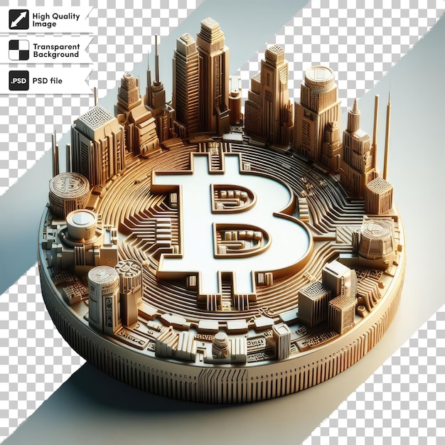 PSD gold coin with bitcoin sign on transparent background