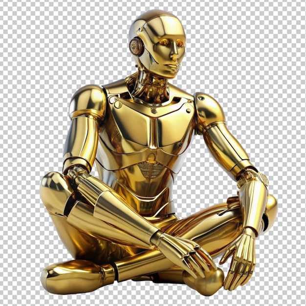 PSD of a gold robot man sitting on transparent background