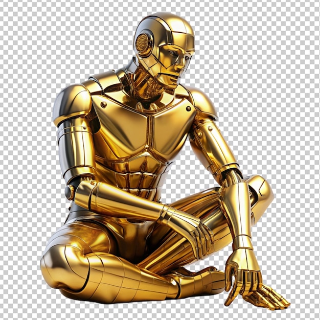 PSD of a gold robot man sitting on transparent background