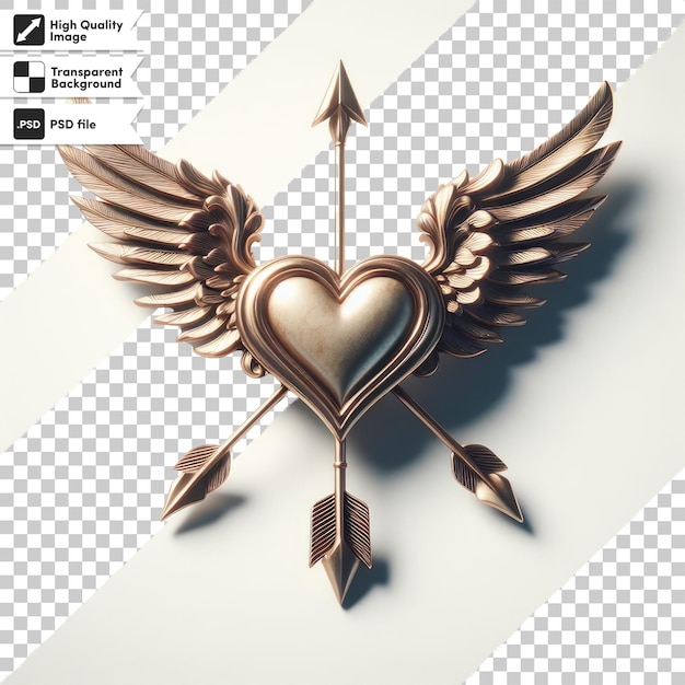 PSD Golden bow and arrows heart with wings valentine day illustration on transparent background with