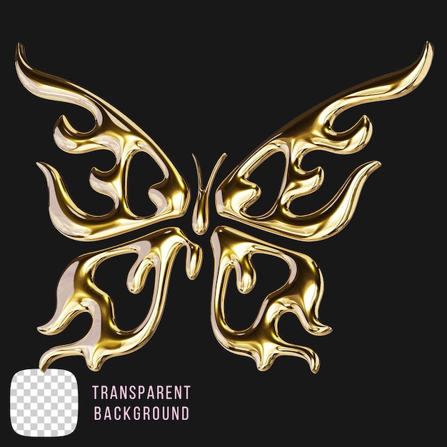 Psd golden butterfly y2k abstract shape 3d rendering