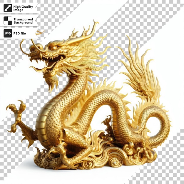 PSD golden dragon statue on transparent background