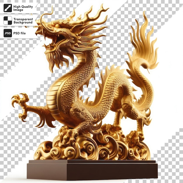 PSD golden dragon statue on transparent background