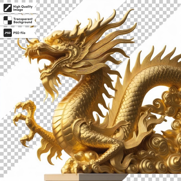 PSD golden dragon statue on transparent background