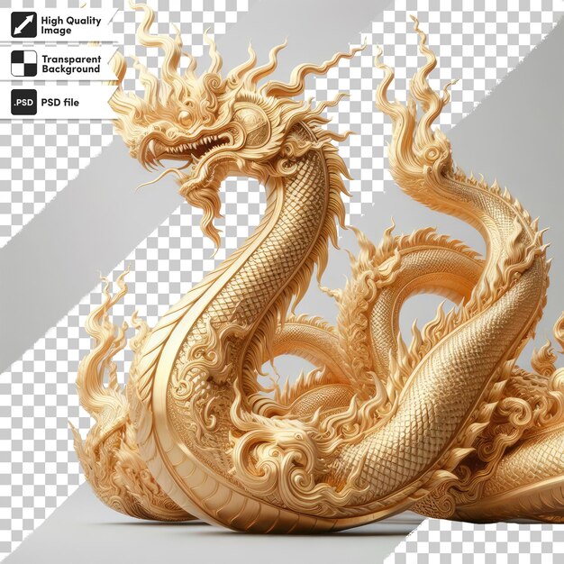 PSD golden dragon statue on the wall on transparent background