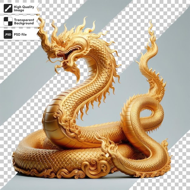 PSD golden dragon statue on the wall on transparent background