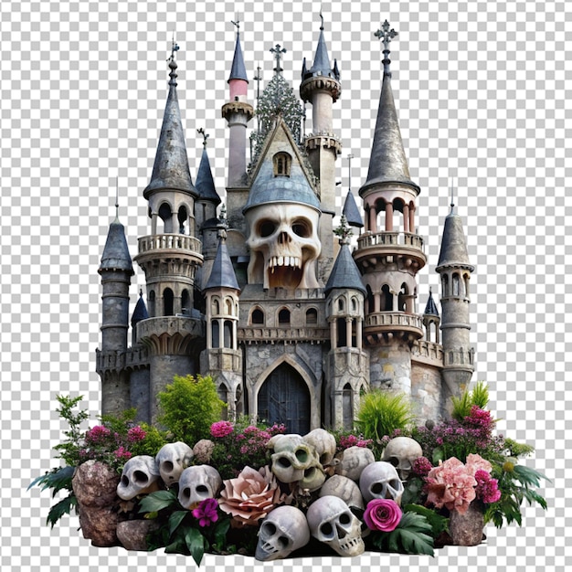 PSD of a gothic castle with skulls and flowers on transparent background