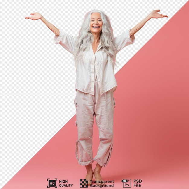 psd gray haired senior woman standing with her arms up wearing a white shirt and gray pants with a raised hand and extended arm visible in the foreground