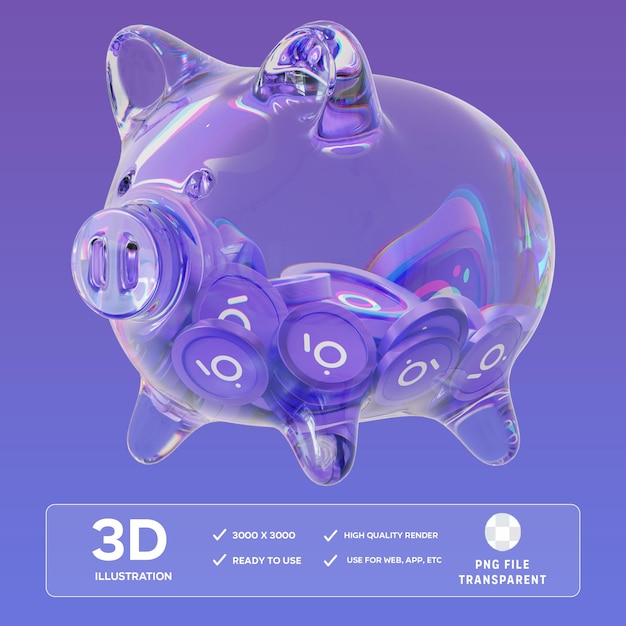 PSD grt clear glass piggy bank with decreasing piles of crypto coins 3D Illustration