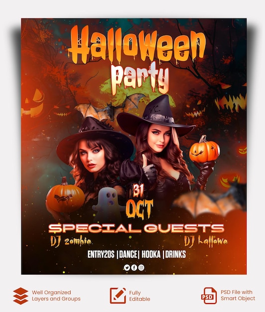 PSD Halloween party celebration poster template design with Halloween witches background Halloween