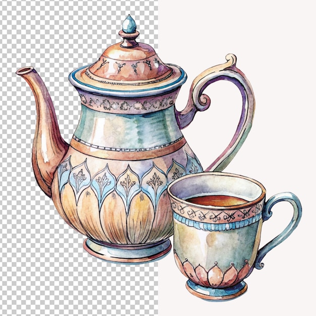 PSD of a hand drawn attractive and luxury tea pot and cup