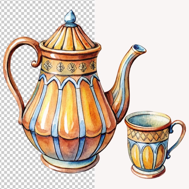 PSD of a hand drawn attractive and luxury tea pot and cup