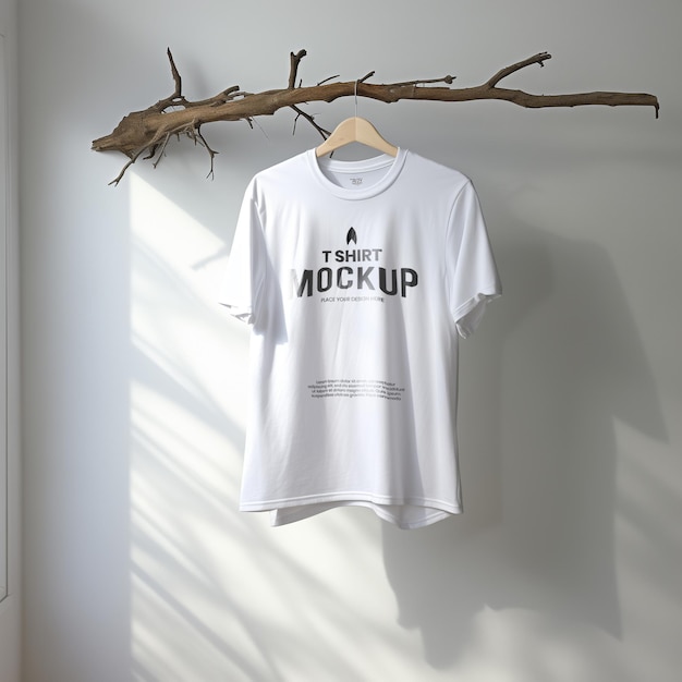 PSD psd hanging white tshirt mockup with in the branch