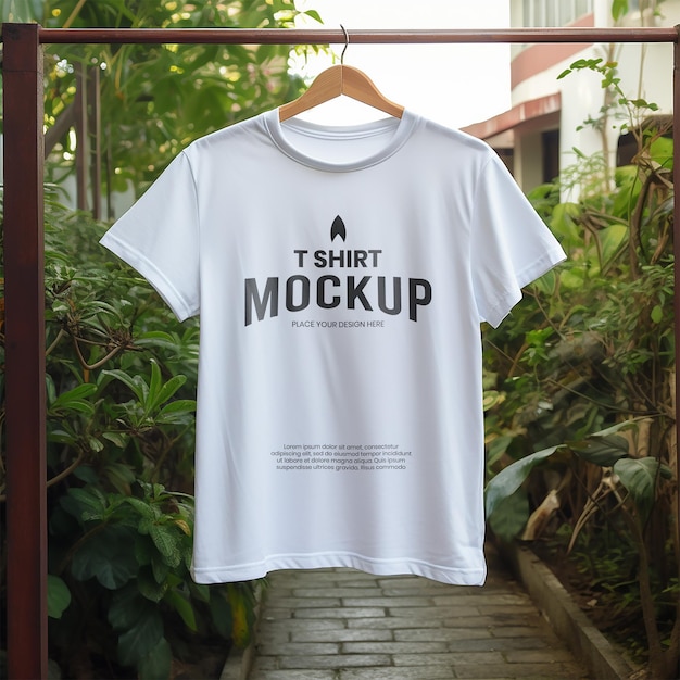 PSD hanging white tshirt mockup with outdoor garden background