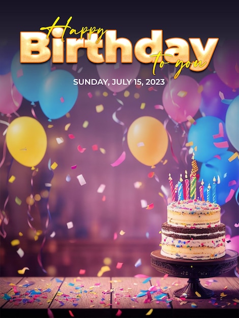 PSD happy birthday poster with balloons delicious birthday cake and gift box background