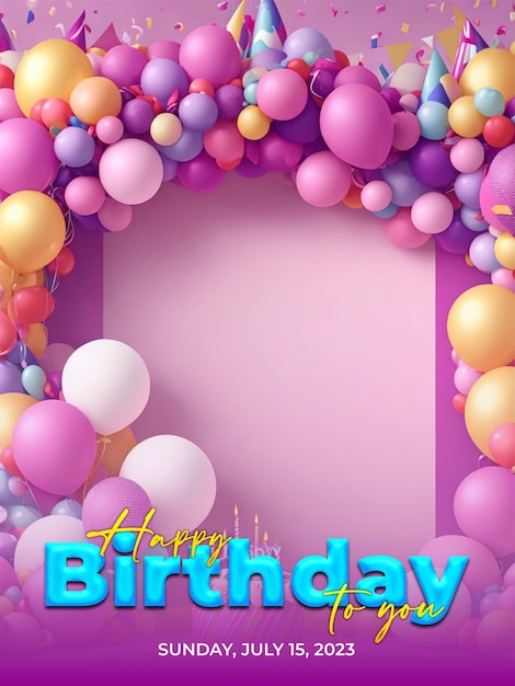 PSD happy birthday poster with balloons delicious birthday cake and gift box background