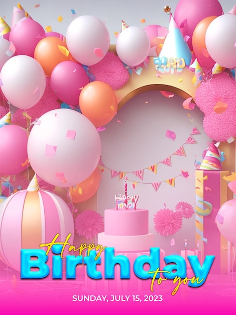 PSD happy birthday poster with balloons delicious birthday cake and gift box background