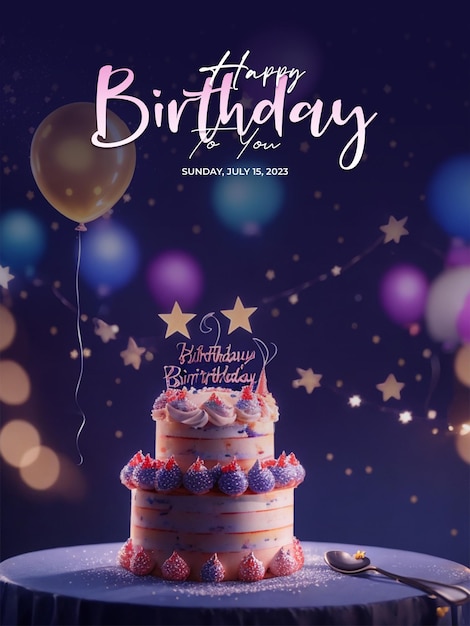 PSD happy birthday poster with delicious birthday cake background