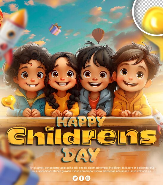 PSD psd happy children day cartoon illustration greeting card design with editable text design