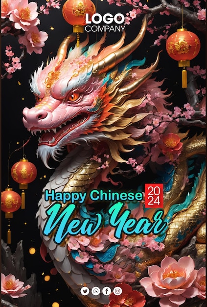 PSD psd happy chinese new year 2024 the dragon zodiac sign with flowerlanternasian elements