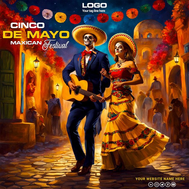 PSD Happy Cinco de Mayo concept with adults dancing mariachi music background