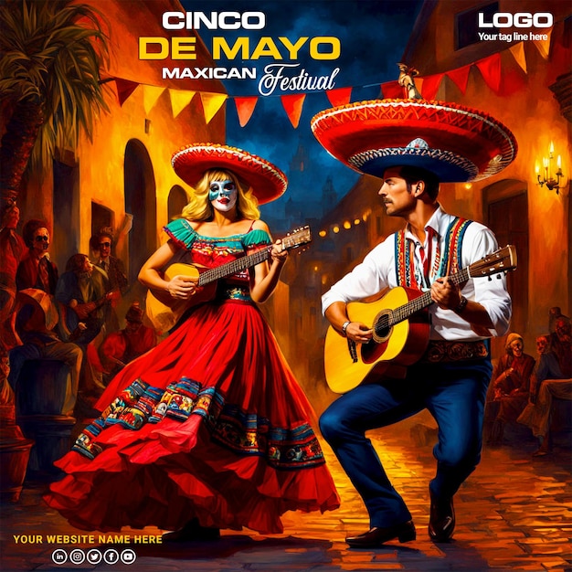 PSD Happy Cinco de Mayo concept with adults dancing mariachi music background