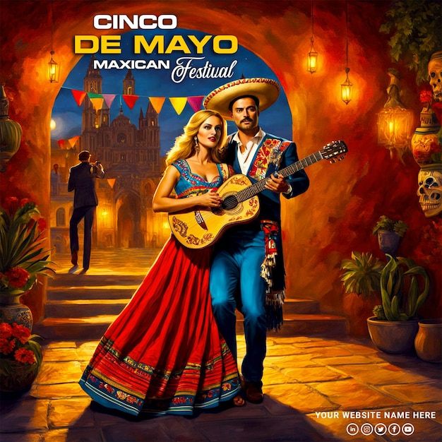 PSD Happy Cinco de Mayo concept with adults dancing mariachi music background